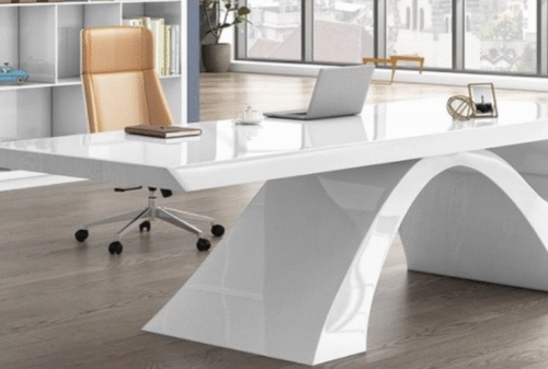 Desk with a distinctive design made of MDF wood and natural paint, featuring a side unit that includes drawers, a cabinet, and a shelf, starting from a size of 200 cm.