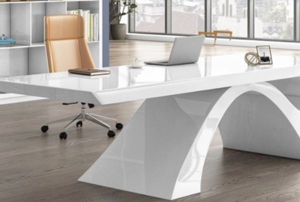 Desk with a distinctive design made of MDF wood and natural paint, featuring a side unit that includes drawers, a cabinet, and a shelf, starting from a size of 200 cm.