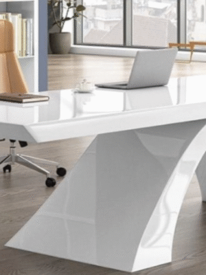 Desk with a distinctive design made of MDF wood and natural paint, featuring a side unit that includes drawers, a cabinet, and a shelf, starting from a size of 200 cm.