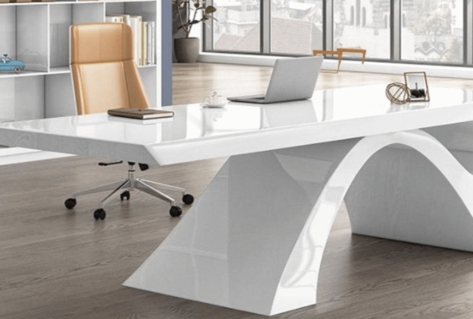 Desk with a distinctive design made of MDF wood and natural paint, featuring a side unit that includes drawers, a cabinet, and a shelf, starting from a size of 200 cm.