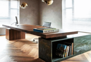 Desk with a distinctive design made of MDF wood, supported by a stainless steel frame, starting from a size of 180 cm.