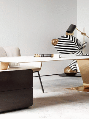 Desk with a distinctive design made of MDF wood and natural paint, supported by a 3-drawer unit, starting from a size of 200 cm.