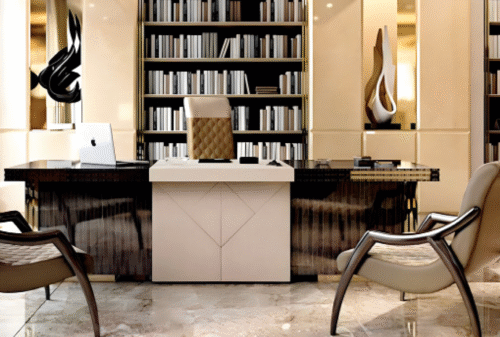 Desk with a distinctive design made of natural wood and natural paint, accented with gold stainless steel, starting from a size of 200 cm