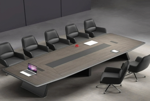 Meeting table with a distinctive design made of natural wood.