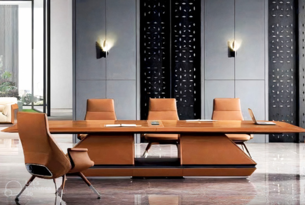 Meeting table with a distinctive design made of natural wood.