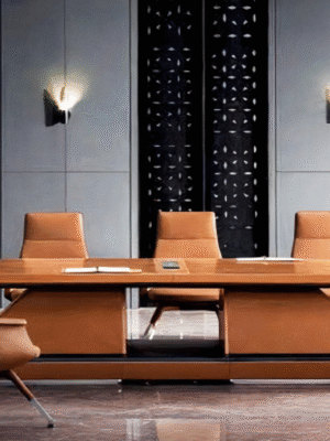 Meeting table with a distinctive design made of natural wood.