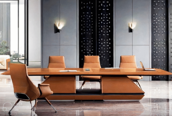 Meeting table with a distinctive design made of natural wood.