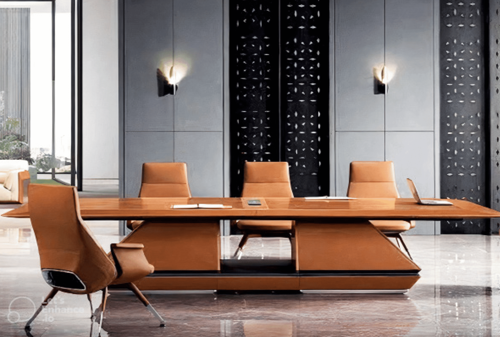 Meeting table with a distinctive design made of natural wood.