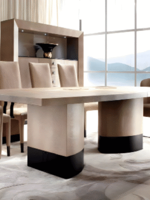 Meeting table with a distinctive design made of natural wood.