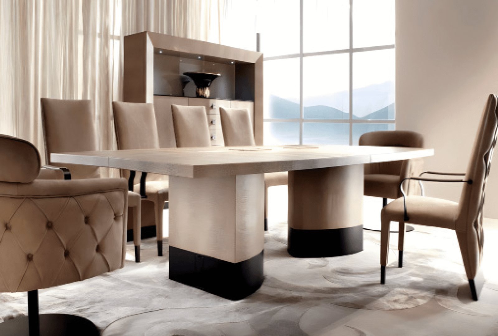Meeting table with a distinctive design made of natural wood.