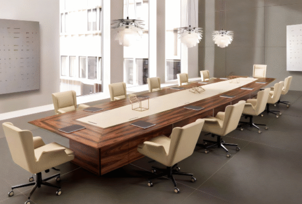 Meeting table with a distinctive design made of natural wood and natural oak veneer, starting from a size of 240 cm.