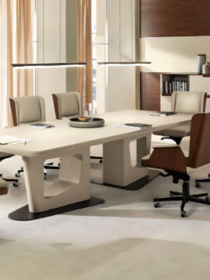 Meeting table with a distinctive design made of natural wood and natural oak veneer, starting from a size of 240 cm.
