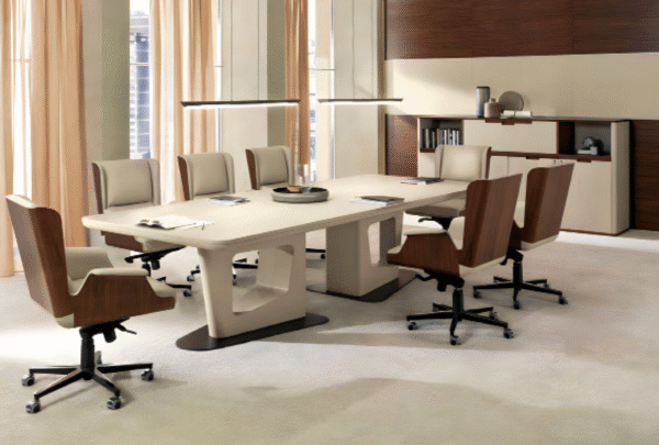 Meeting table with a distinctive design made of natural wood and natural oak veneer, starting from a size of 240 cm.