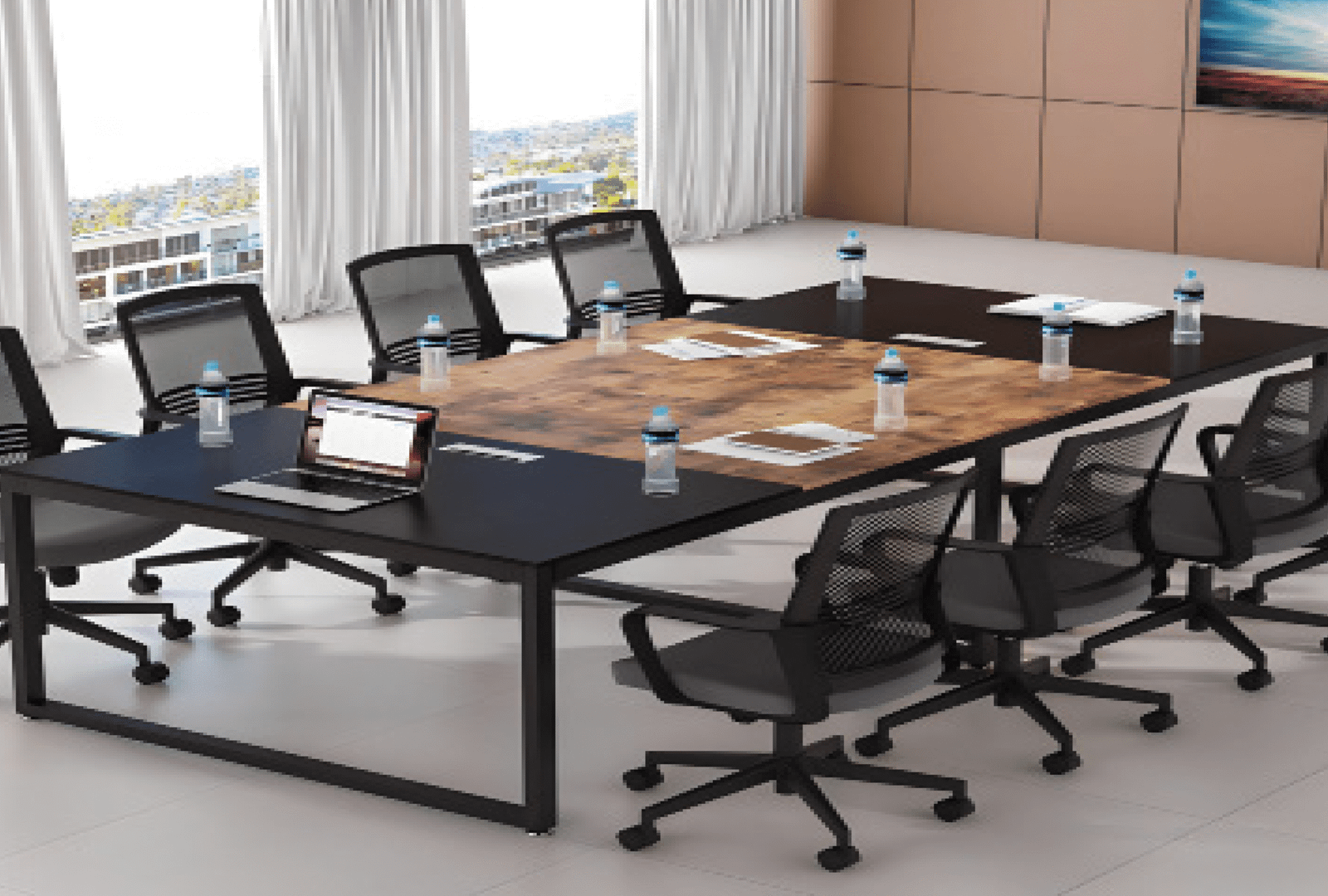 Meeting table with a distinctive design made of natural wood and natural oak veneer, starting from a size of 240 cm.