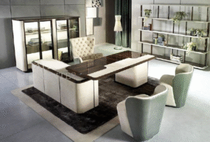 Desk with a distinctive design made of MDF wood and natural paint, supported by a 3-drawer unit, starting from a size of 200 cm.