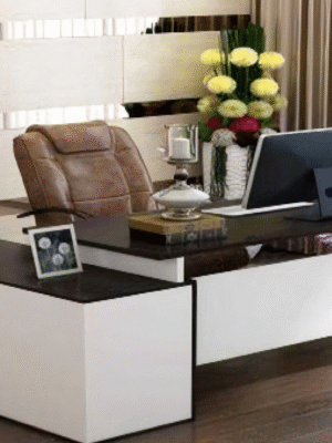 Executive desk with a distinctive design made of MDF wood and PVC veneer, supported by a side panel