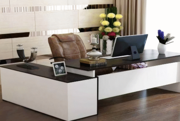 WO MD 1 Executive desk with a distinctive design made of MDF wood and PVC veneer, supported by a side panel
