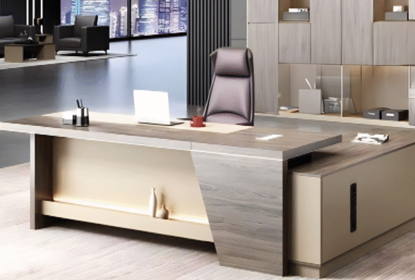 Executive desk with a distinctive design made of MDF wood and PVC veneer, supported by a side panel