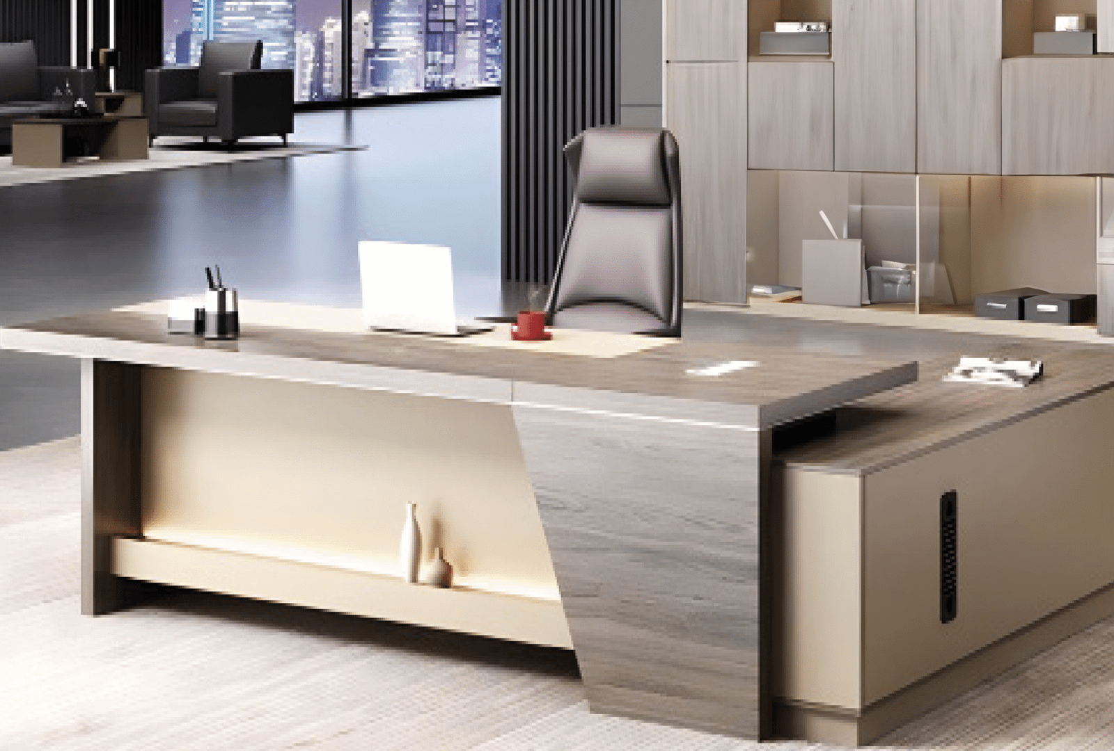 Executive desk with a distinctive design made of MDF wood and PVC veneer, supported by a side panel