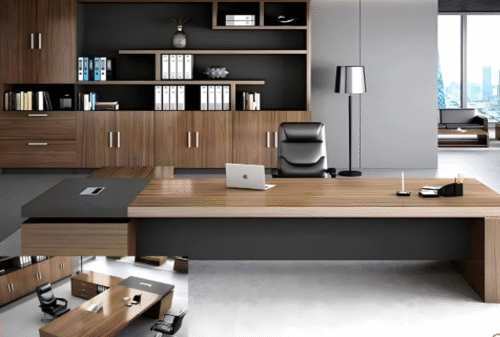 Executive desk with a distinctive design made of MDF wood and PVC veneer, supported by a side panel