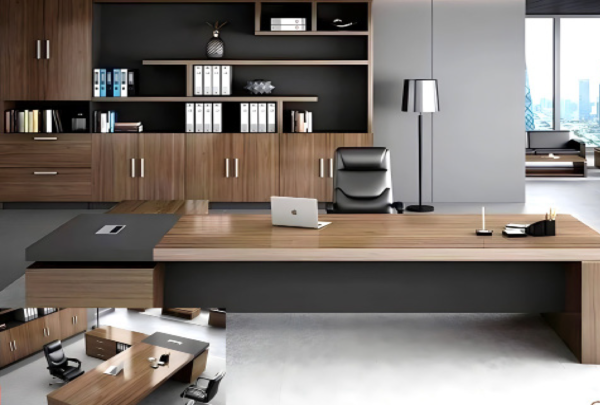 Executive desk with a distinctive design made of MDF wood and PVC veneer, supported by a side panel