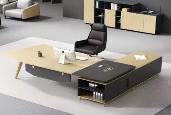 Executive desk with a distinctive design made of MDF wood and PVC veneer, supported by a side panel