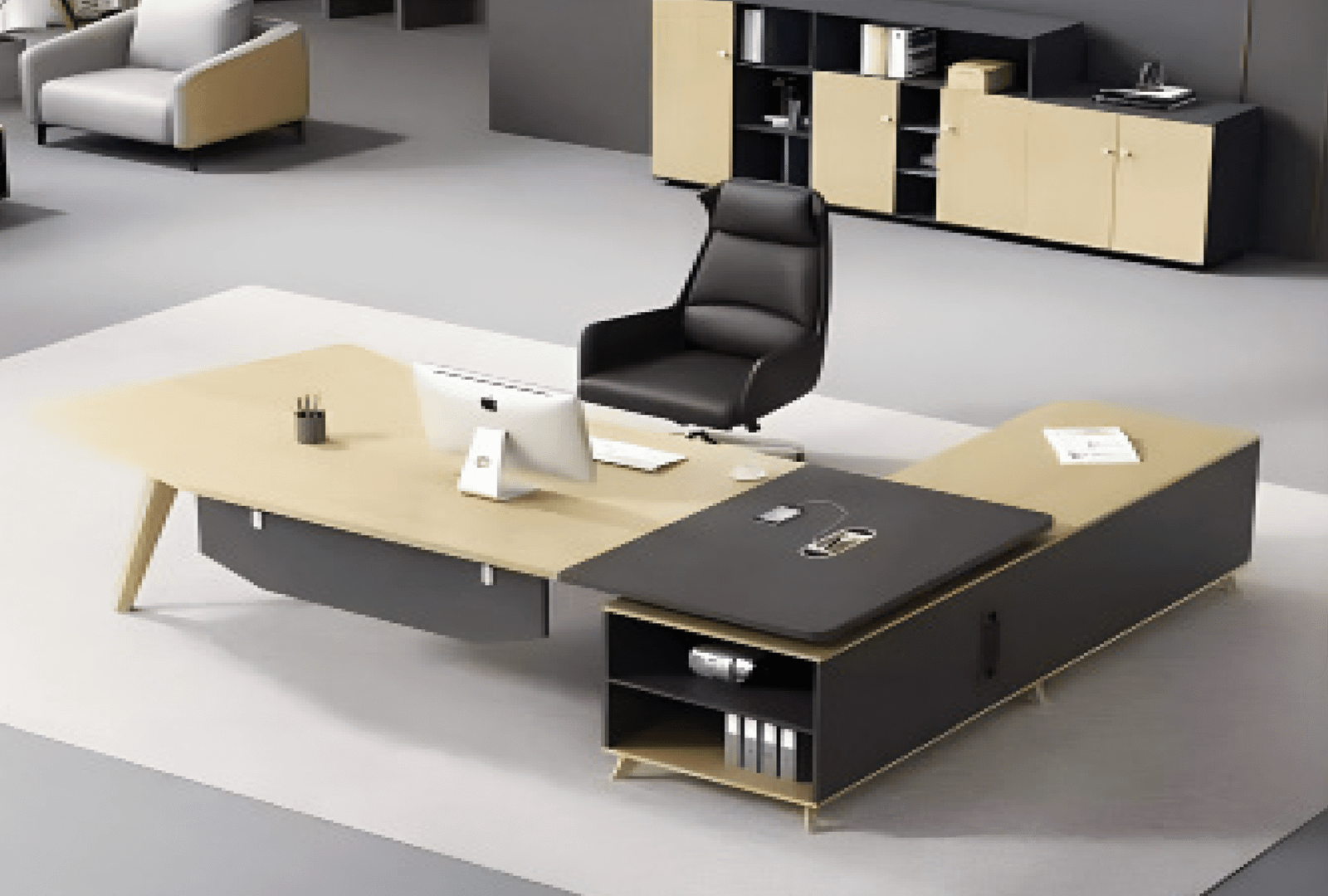 Executive desk with a distinctive design made of MDF wood and PVC veneer, supported by a side panel