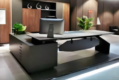 Executive desk with a distinctive design made of MDF wood and PVC veneer, supported by a side panel