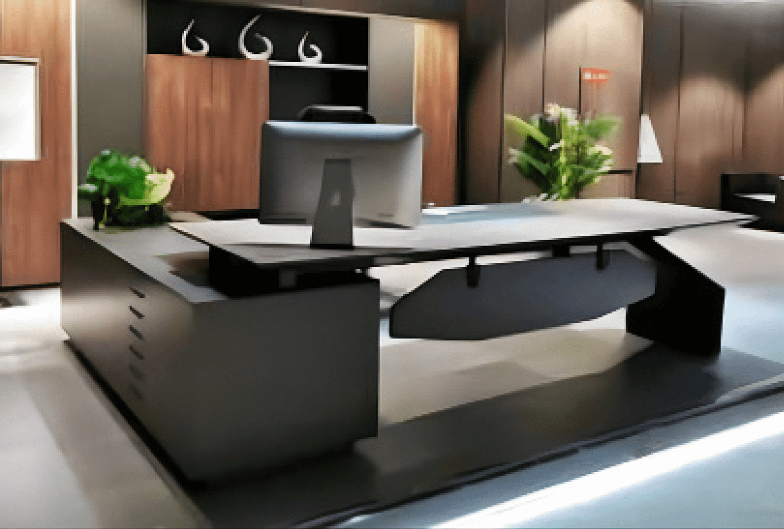 Executive desk with a distinctive design made of MDF wood and PVC veneer, supported by a side panel