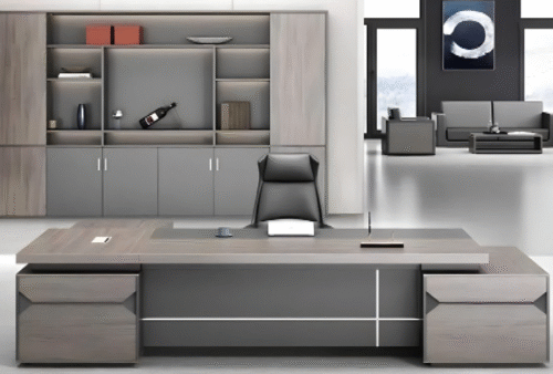 Executive desk with a distinctive design made of MDF wood and PVC veneer, supported by a side panel