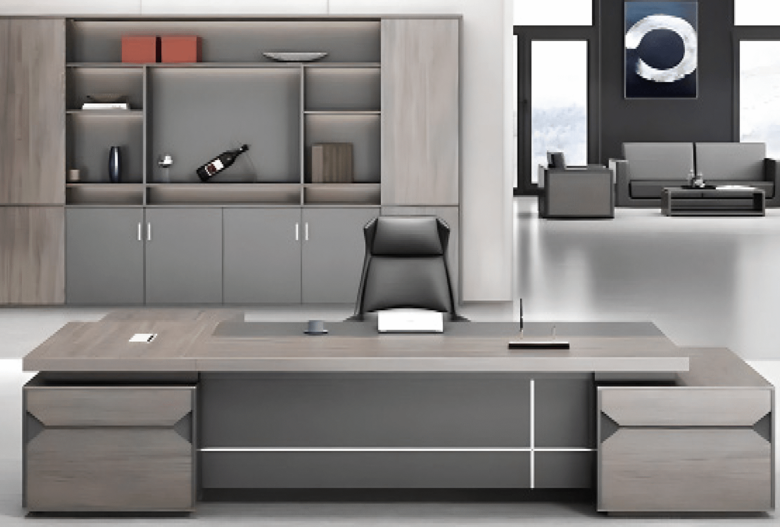 Executive desk with a distinctive design made of MDF wood and PVC veneer, supported by a side panel