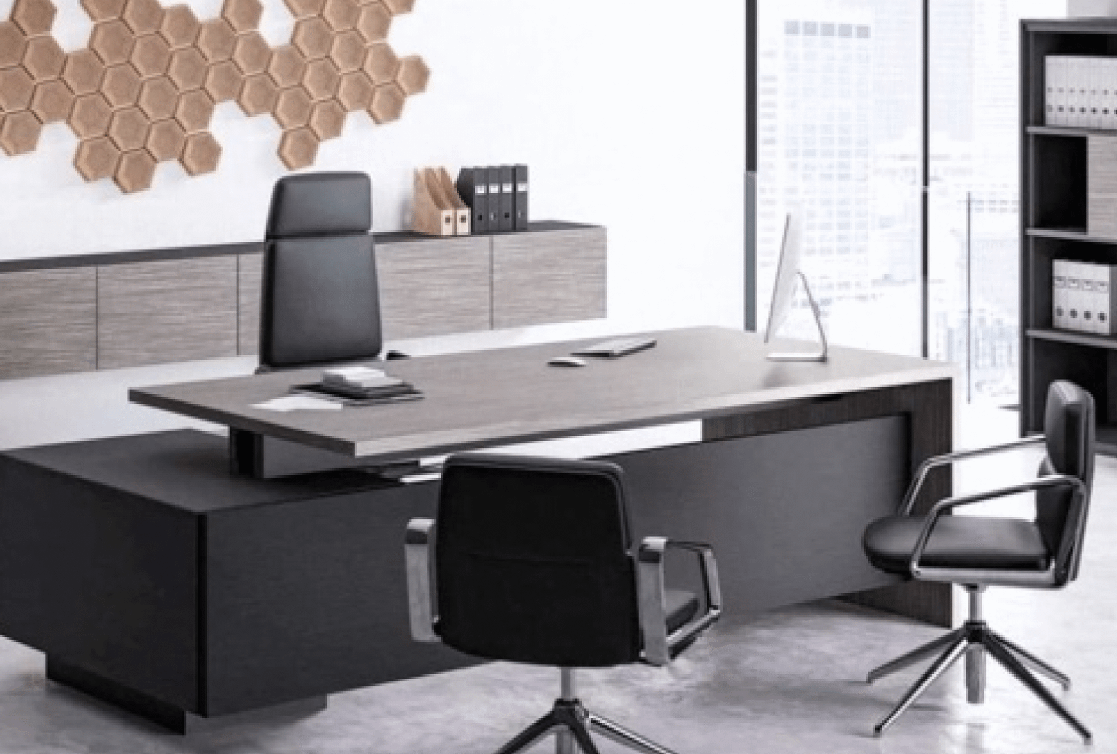 Executive desk with a distinctive design made of MDF wood and PVC veneer, supported by a side panel