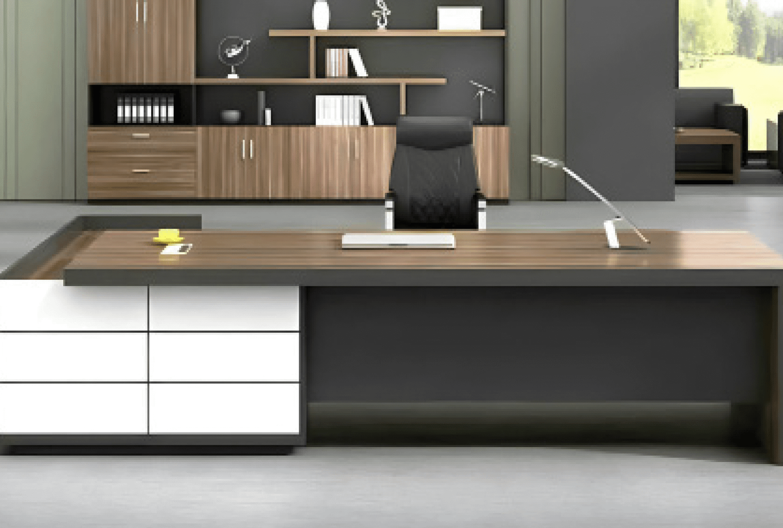 Executive desk with a distinctive design made of MDF wood and PVC veneer, supported by a side panel