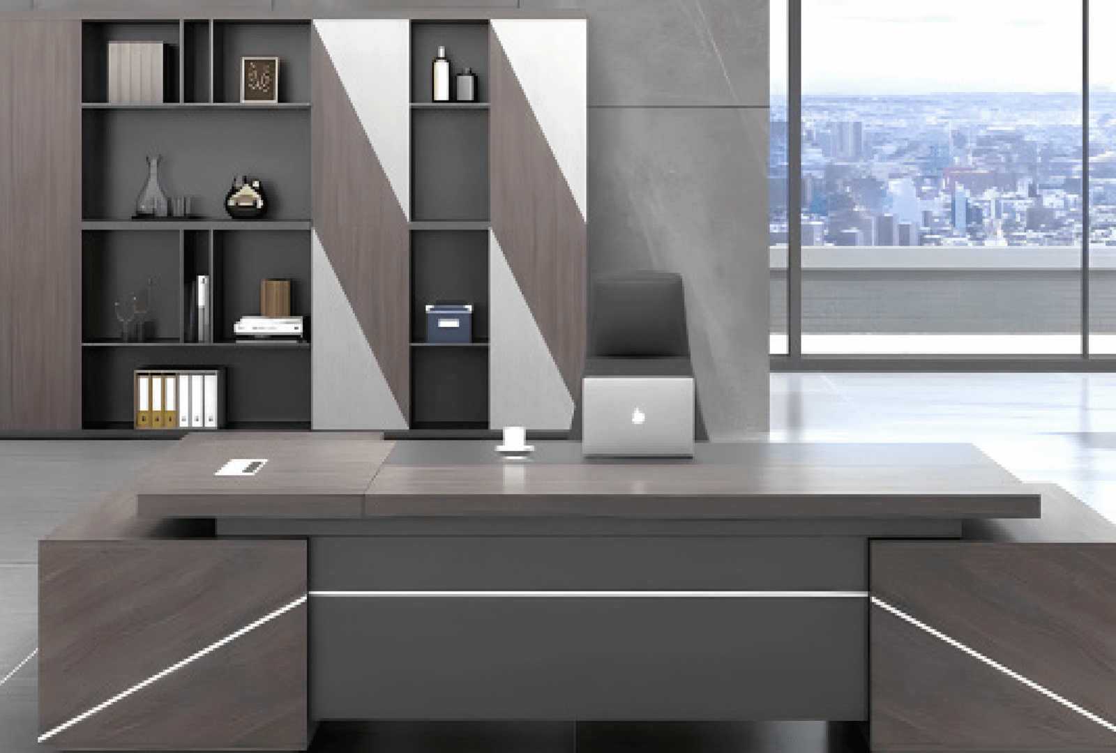 Executive desk with a distinctive design made of MDF wood and PVC veneer, supported by a side panel