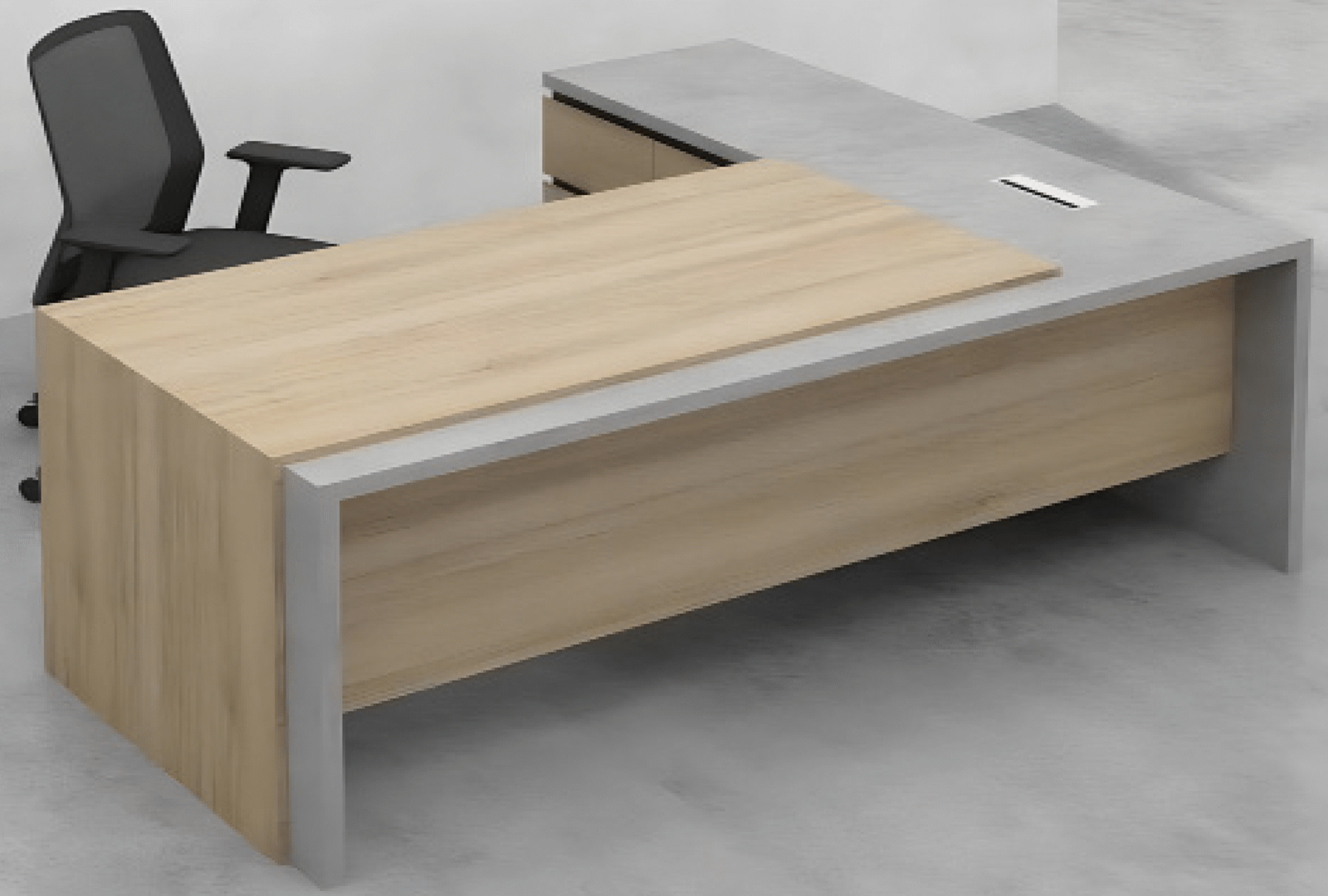 Executive desk with a distinctive design made of MDF wood and PVC veneer, supported by a side panel