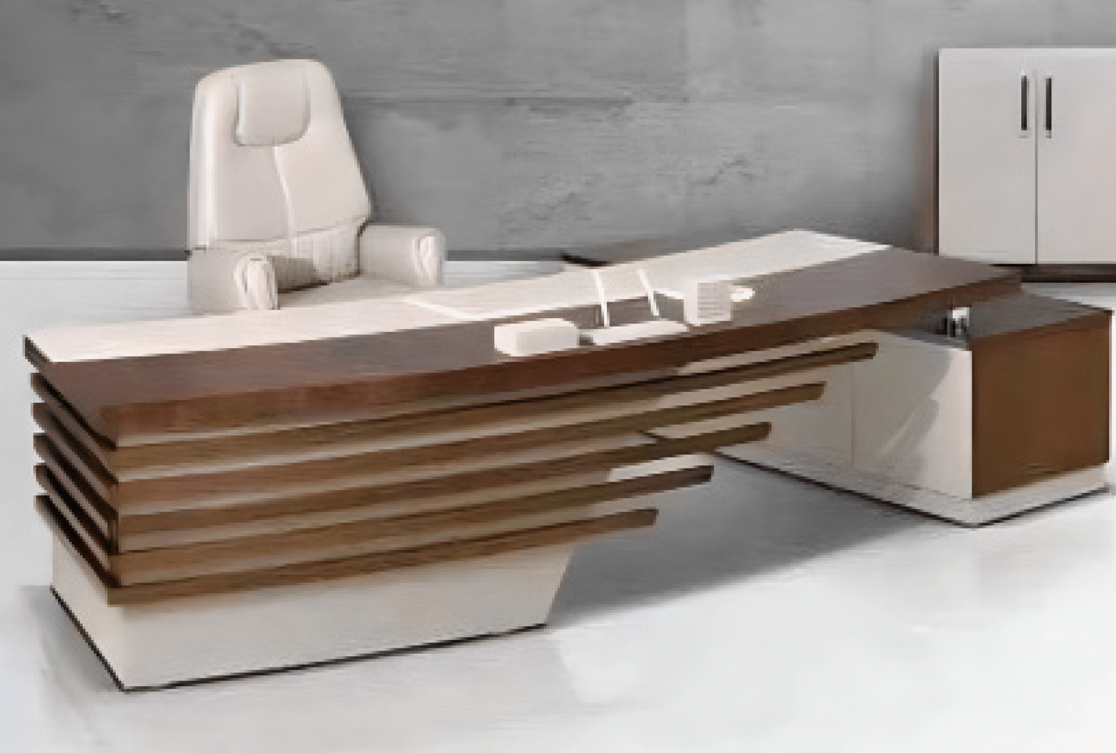 Executive desk with a distinctive design made of MDF wood and PVC veneer, supported by a side panel