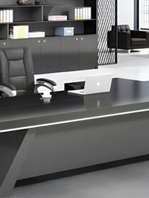 Executive desk with a distinctive design made of MDF wood and PVC veneer, supported by a side panel