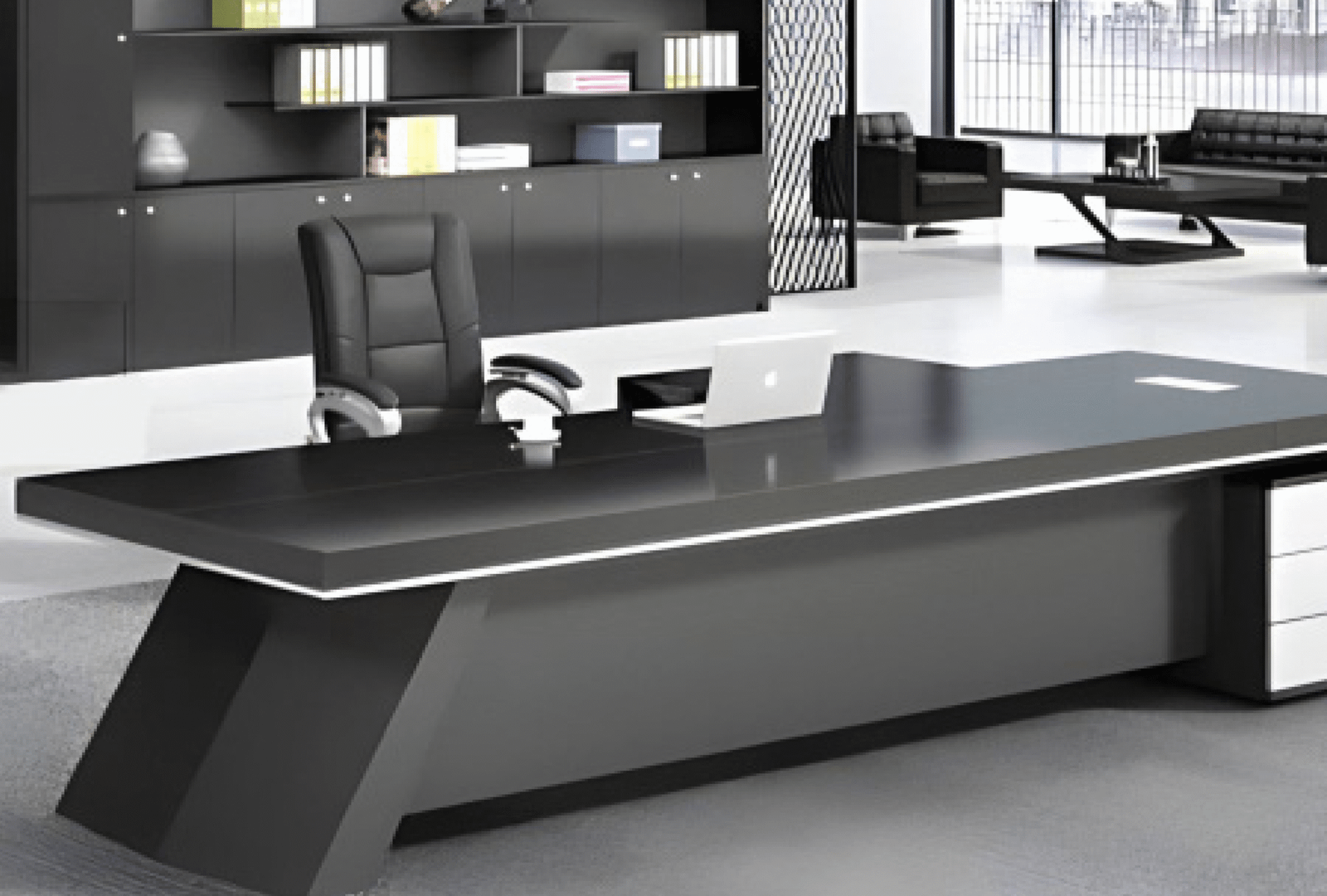 Executive desk with a distinctive design made of MDF wood and PVC veneer, supported by a side panel