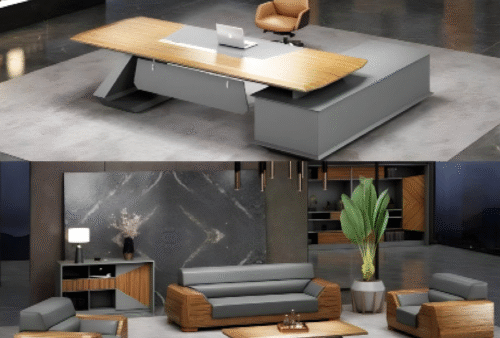 Executive desk with a distinctive design made of MDF wood and PVC veneer, supported by a side panel