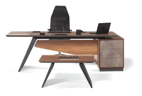 Executive desk with a distinctive design made of MDF wood and PVC veneer, supported by a side panel