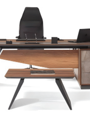 Executive desk with a distinctive design made of MDF wood and PVC veneer, supported by a side panel