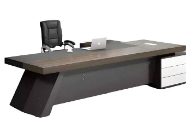 Executive desk with a distinctive design made of MDF wood and PVC veneer, supported by a side panel