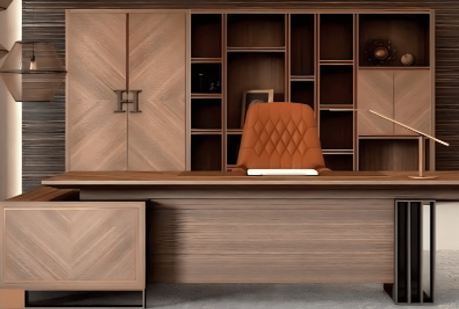 Executive desk with a distinctive design made of MDF wood and PVC veneer, supported by a side panel