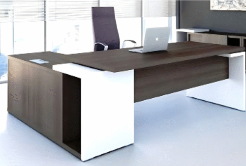 Executive desk with a distinctive design made of MDF wood and PVC veneer, supported by a side panel