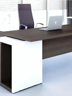 Executive desk with a distinctive design made of MDF wood and PVC veneer, supported by a side panel