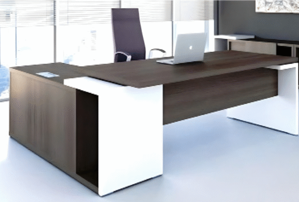 Executive desk with a distinctive design made of MDF wood and PVC veneer, supported by a side panel