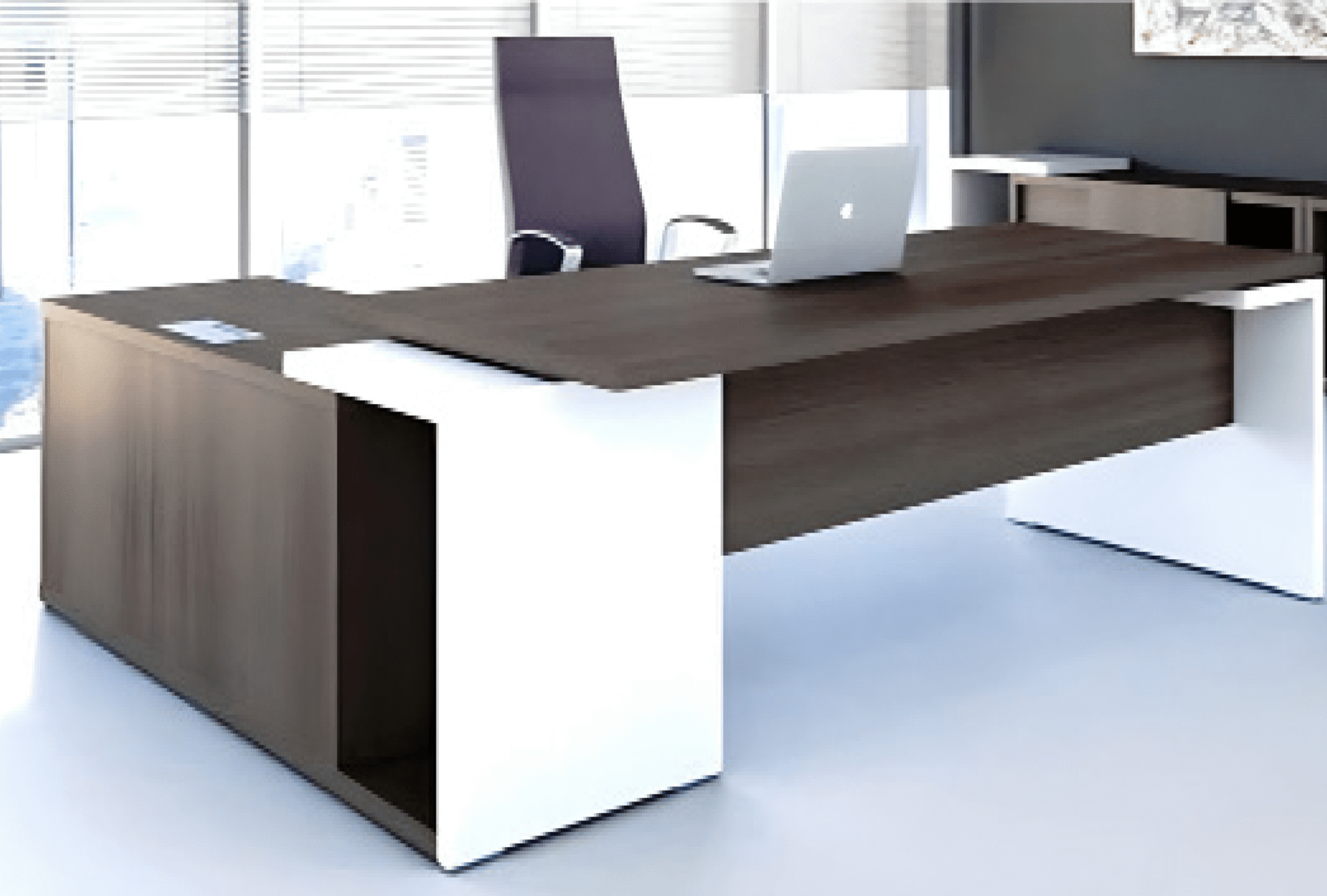 Executive desk with a distinctive design made of MDF wood and PVC veneer, supported by a side panel