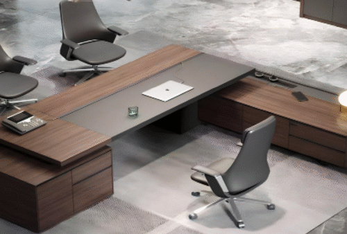 Executive desk with a distinctive design made of MDF wood and PVC veneer, supported by a side panel