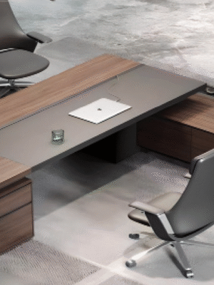 Executive desk with a distinctive design made of MDF wood and PVC veneer, supported by a side panel