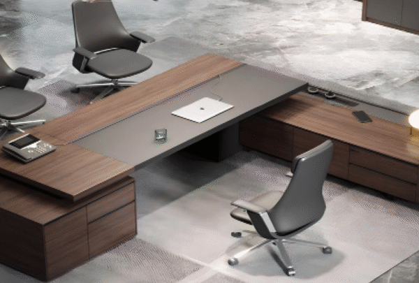 Executive desk with a distinctive design made of MDF wood and PVC veneer, supported by a side panel